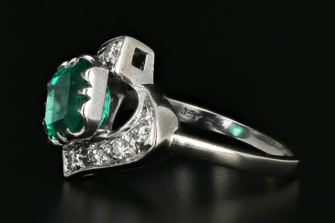 Vintage 14K White Gold 1.5 Carat Colombian Emerald and Diamond Ring - Queen May