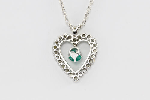 14K White Gold Emerald and Diamond Heart Necklace - Queen May