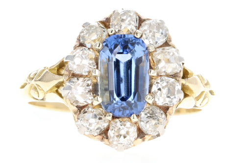 Victorian 18K Yellow Gold 1.58 Carat Natural No Heat Ceylon Sapphire & Diamond Halo Ring GIA Certified - Queen May