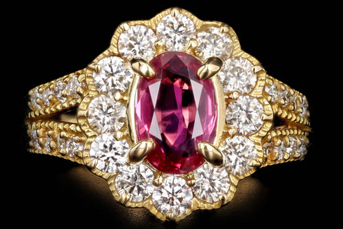 18K Yellow Gold 1.60 Carat Oval Natural Ruby & Diamond Halo Ring - Queen May