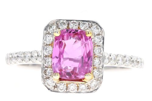 18K White Gold 1.74 Carat Natural Pink Sapphire & Diamond Halo Ring - Queen May