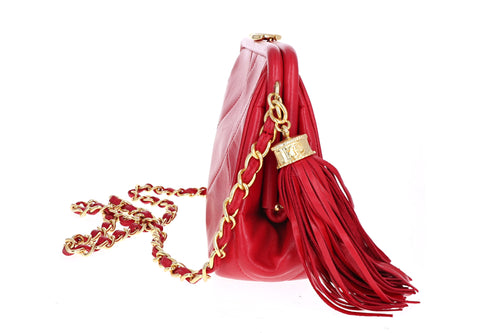 Chanel CC Logo Tassel Chain Shoulder Bag Red Lambskin - Queen May