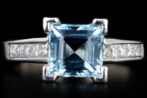 14K White Gold 2 Carat Aquamarine & Princess Cut Diamond Ring - Queen May