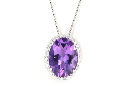 14K White Gold 10 Carat Amethyst & Diamond Halo Pendant Necklace - Queen May