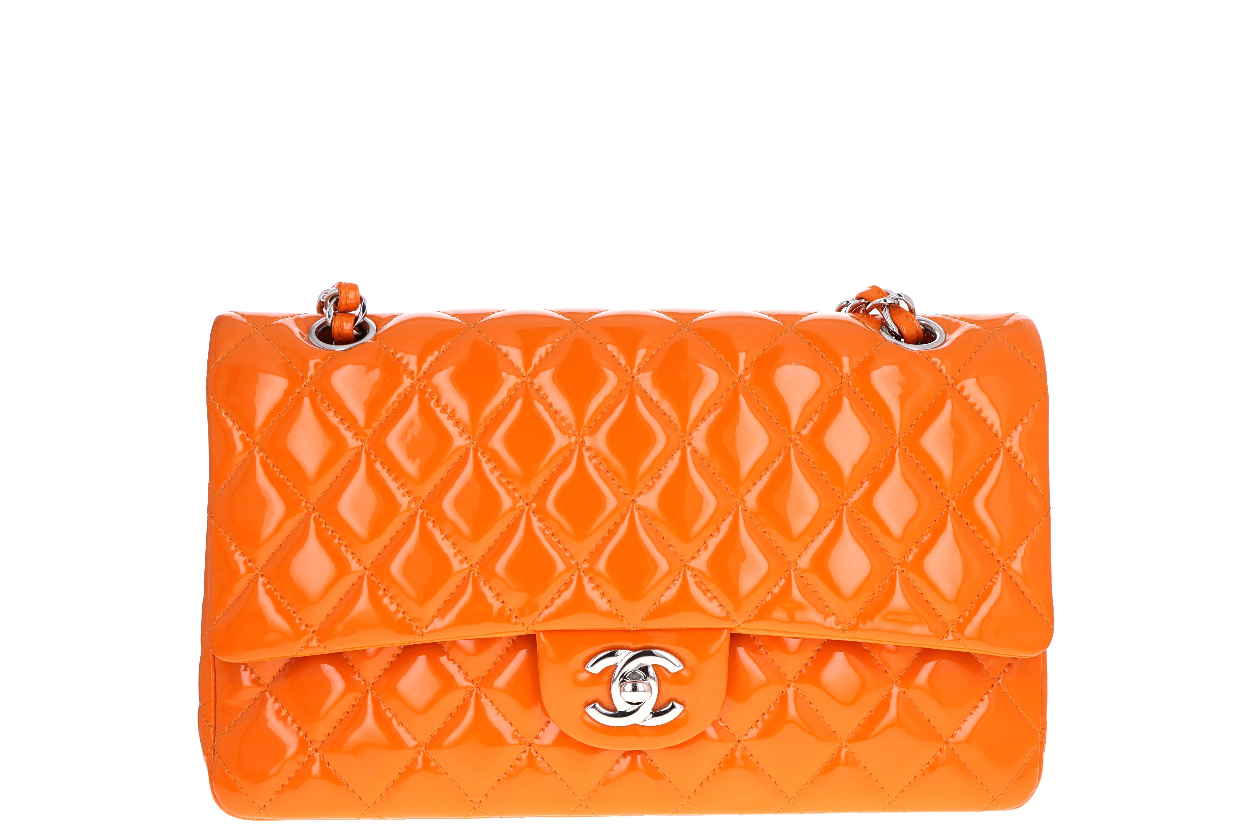 Chanel Orange Quilted Patent Leather Jumbo Classic Double Flap Bag at  1stDibs  chanel red patent leather bag, orange patent leather purse, patent  orange chanel bag