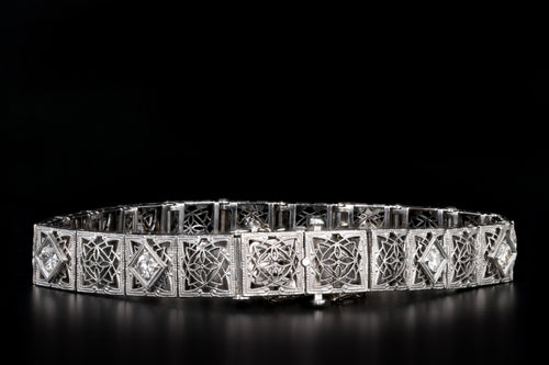 Art Deco 14K White Gold & Platinum 1 Carat Total Weight Old European Cut Diamond Bracelet - Queen May