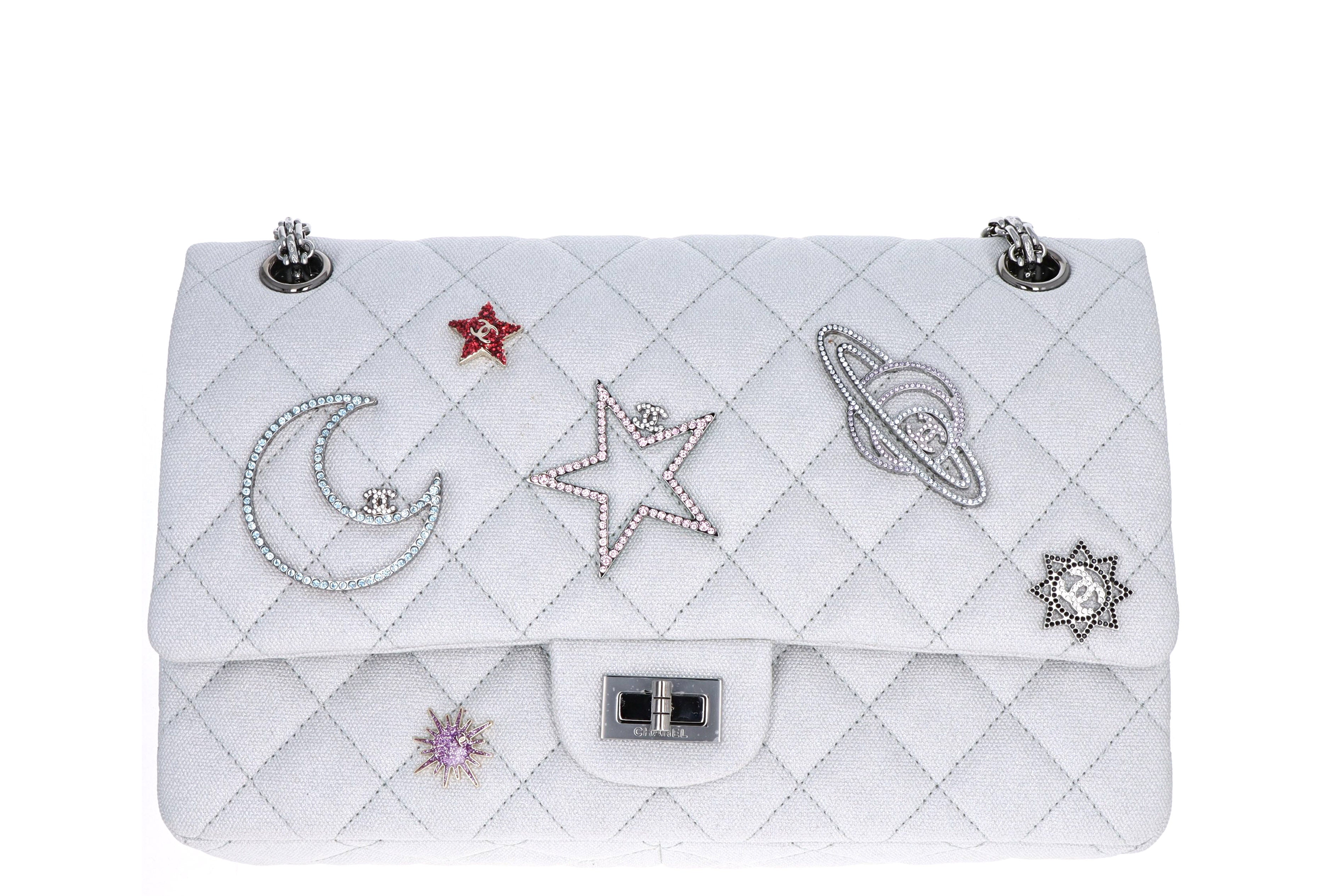 Chanel Limited Edition Silver 2.55 Canvas Reissue Space Charms 266 Flap Bag