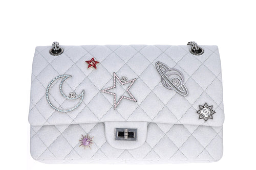 Chanel Limited Edition Silver 2.55 Canvas Reissue Space Charms 266 Flap Bag - Queen May