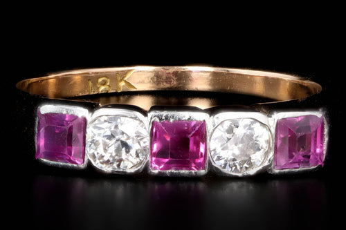 Art Deco Platinum & 18K Yellow Gold Natural Ruby & Old European Cut Diamond Band - Queen May