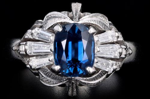 Retro Platinum 1.07 Carat Oval Natural Sapphire & Diamond Fan Ring - Queen May