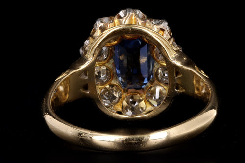 Victorian 18K Yellow Gold 1.58 Carat Natural No Heat Ceylon Sapphire & Diamond Halo Ring GIA Certified - Queen May