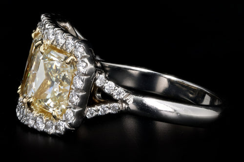 Platinum 5.89 Carat Total Weight Radiant Fancy Light Yellow Diamond Three Stone Ring - Queen May