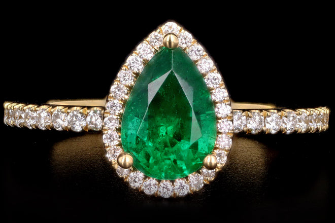 18K Yellow Gold 1.07 Carat Pear Cut Natural Emerald & Diamond Halo Ring - Queen May