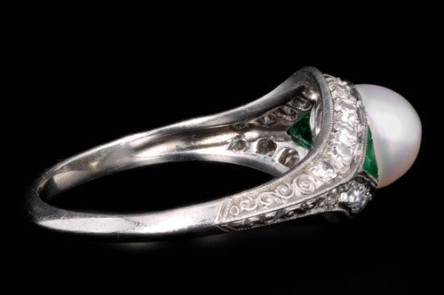 Art Deco Pearl Trillion Cut Emerald & Diamond Knife Edge Ring - Queen May