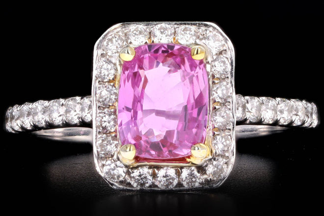 18K White Gold 1.74 Carat Natural Pink Sapphire & Diamond Halo Ring - Queen May