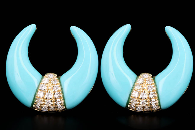 14K Yellow Gold Turquoise & Diamond Crescent Stud Earrings - Queen May