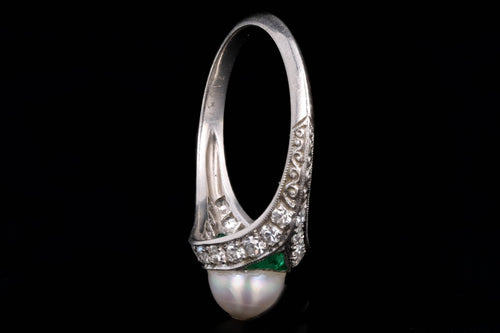 Art Deco Pearl Trillion Cut Emerald & Diamond Knife Edge Ring - Queen May