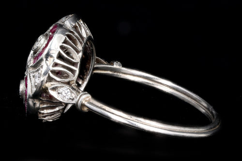 Art Deco Inspired Platinum Diamond & French Cut Natural Ruby Ring - Queen May