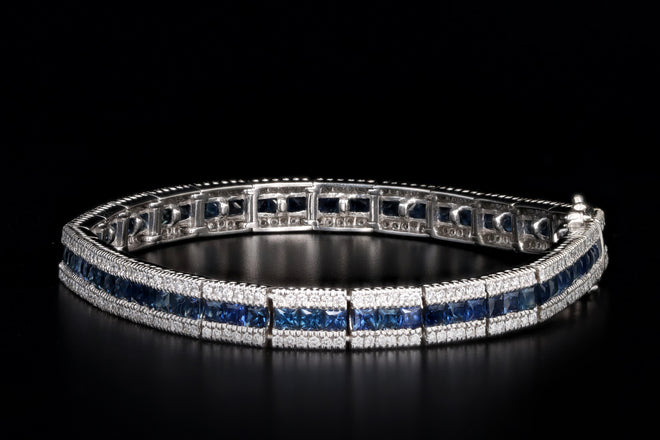 18K White Gold Natural Sapphire & Diamond Line Bracelet - Queen May