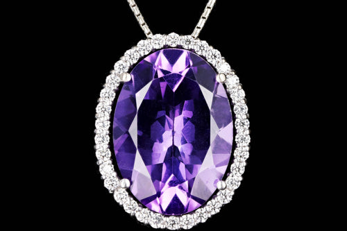 14K White Gold 10 Carat Amethyst & Diamond Halo Pendant Necklace - Queen May