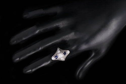 Art Deco Platinum .90 Carat Old European Diamond & Synthetic Sapphire Shield Ring - Queen May