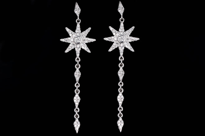 14K White Gold Diamond Star Drop Earrings - Queen May