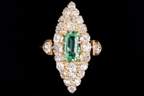 Victorian 18K Yellow Gold .35 Carat Natural Emerald & Diamond Navette Ring - Queen May