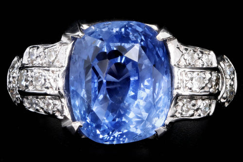 Art Deco 14K White Gold 5.12 Carat Natural No Heat Sapphire & Diamond Ring GIA Certified - Queen May