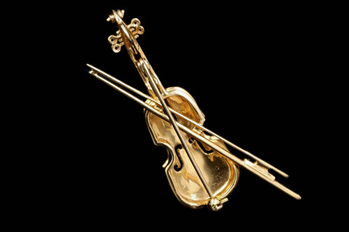 Vintage 18K Yellow Gold Sapphire & Diamond Violin Pendant/Brooch - Queen May