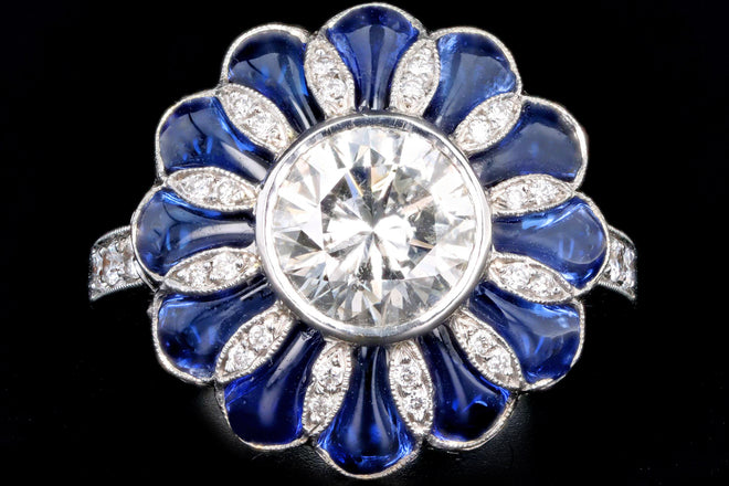 Art Deco Inspired 2.06 Carat Round Brilliant Diamond & Synthetic Sapphire Flower Ring - Queen May