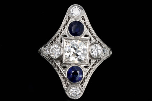 Art Deco Platinum .90 Carat Old European Diamond & Synthetic Sapphire Shield Ring - Queen May