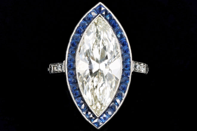 Art Deco Inspired Platinum 5.11 Carat Marquise Cut Diamond & Sapphire Ring GIA Certified - Queen May