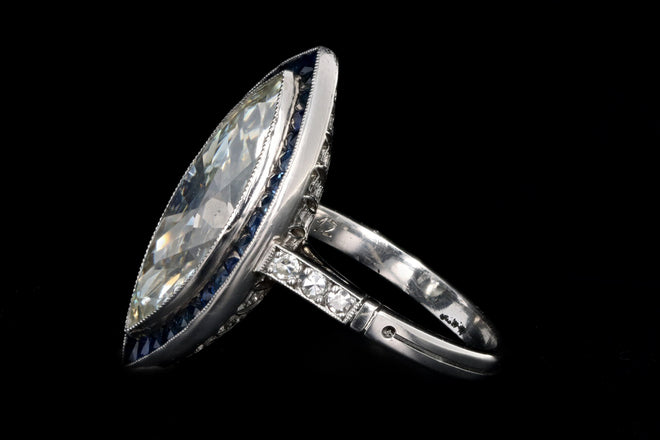 Art Deco Inspired Platinum 5.11 Carat Marquise Cut Diamond & Sapphire Ring GIA Certified - Queen May