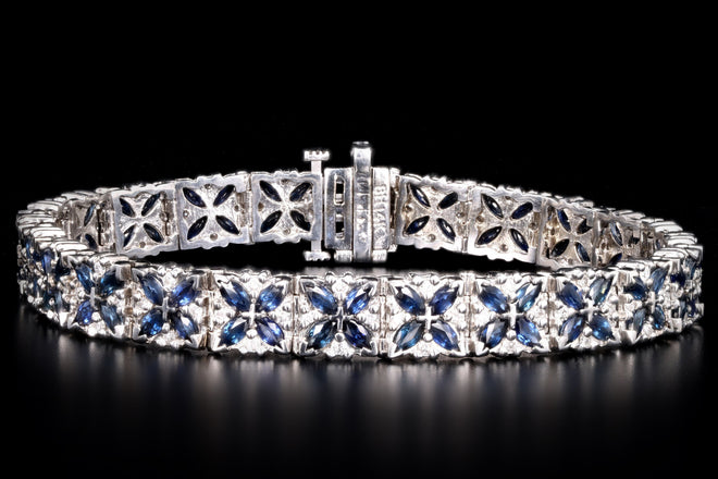 14K White Gold Marquise Natural Sapphire & Diamond Flower Bracelet - Queen May