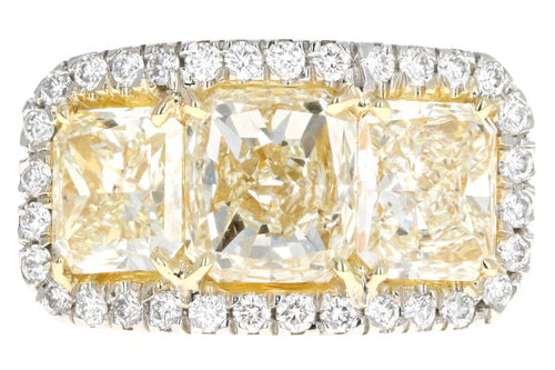 Platinum 5.89 Carat Total Weight Radiant Fancy Light Yellow Diamond Three Stone Ring - Queen May