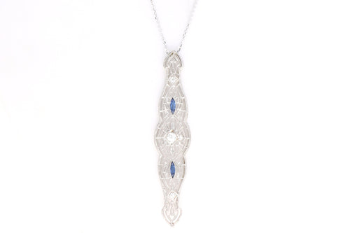 Art Deco 14K White Gold Old European Diamond & Synthetic Sapphire Bar Pin Conversion Pendant Necklace - Queen May