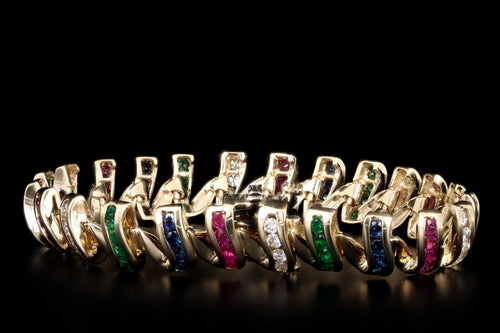 14K Yellow Gold Multi Gemstone & Diamond Swirl Link Bracelet - Queen May