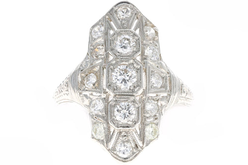 Art Deco Platinum 1 Carat Total Weight Transition Cut Diamond Shield Ring - Queen May