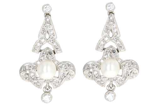 Art Deco Inspired Platinum Pearl & Diamond Drop Earrings - Queen May