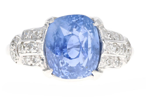 Art Deco 14K White Gold 5.12 Carat Natural No Heat Sapphire & Diamond Ring GIA Certified - Queen May