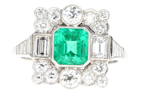 Art Deco Inspired Platinum 1 Carat Natural Colombian Emerald & Diamond Ring - Queen May