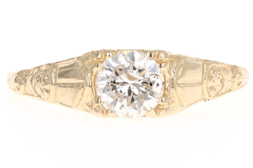 Art Deco Inspired 14K Yellow Gold .58 Carat Round Brilliant Diamond Engagement Ring - Queen May
