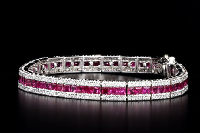 18K White Gold Natural Ruby & Diamond Line Bracelet - Queen May