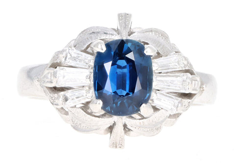 Retro Platinum 1.07 Carat Oval Natural Sapphire & Diamond Fan Ring - Queen May