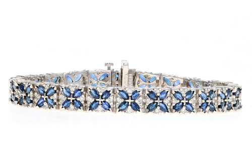 14K White Gold Marquise Natural Sapphire & Diamond Flower Bracelet - Queen May