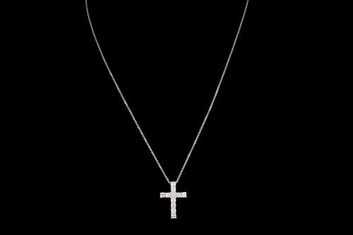 14K White Gold 1.10 Carat Total Weight Round Diamond Cross Pendant Necklace - Queen May