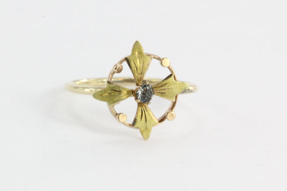 Antique 10K & 14K Rose and Yellow Gold Art Nouveau Compass Florette Stick Pin Conversion Ring Midi Ring - Queen May