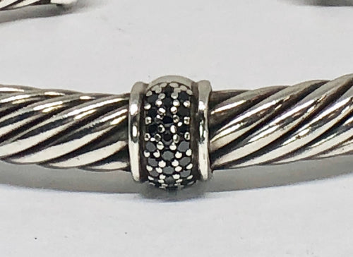 David Yurman 7mm Sterling Silver Black Diamonds Cable Cuff Bracelet - Queen May