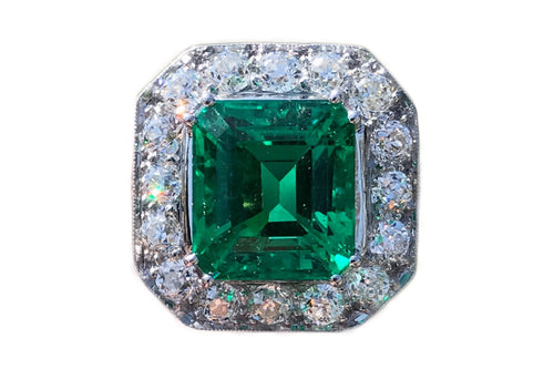 Art Deco Platinum 6.52 Carat Colombian Emerald & Diamond Ring c.1920's AGL Certified - Queen May