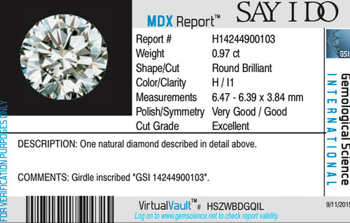 0.97 Carat Round Brilliant Diamond Solitaire Engagement Ring in 14K White Gold GSI Certified - Queen May